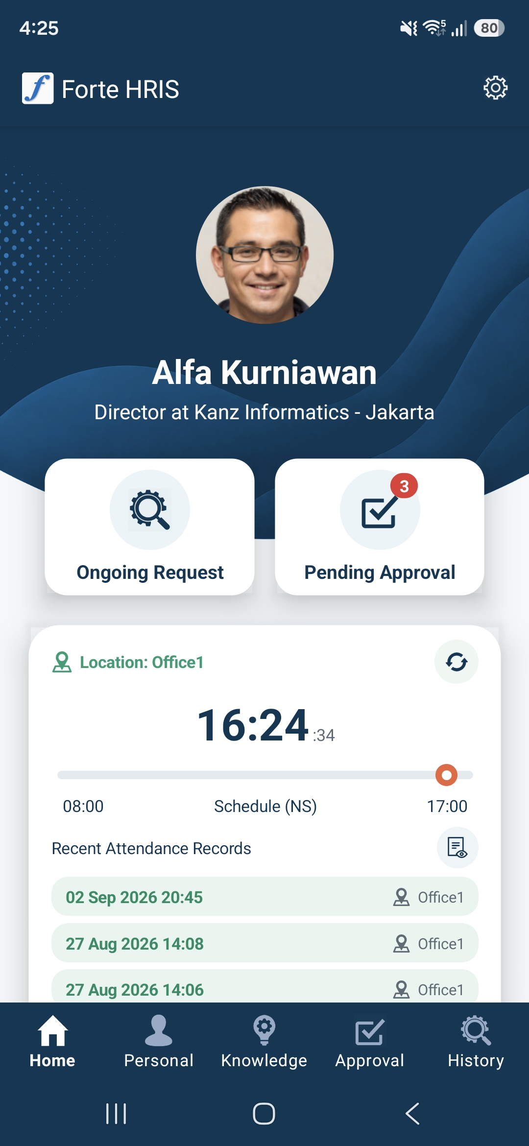 Dashboard mobile Forte HRIS dengan pengajuan, persetujuan, jadwal kerja, dan riwayat kehadiran